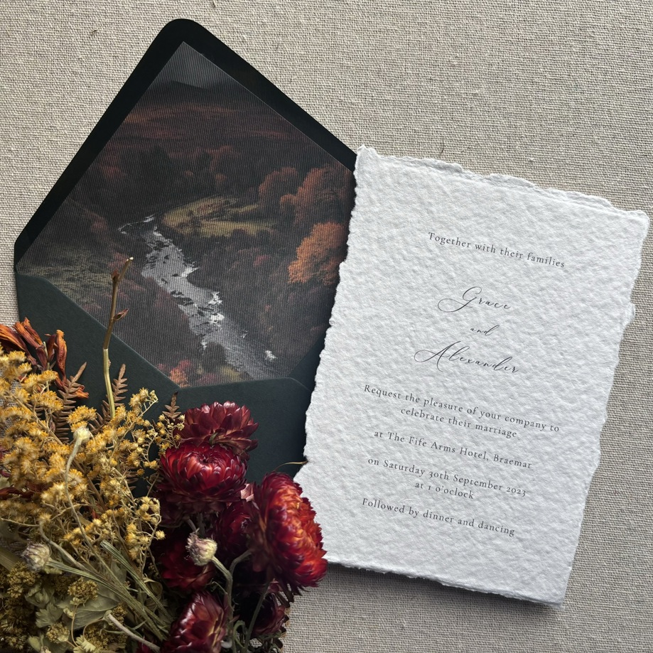 Black romantic collection invite with deckled edging and fine art envelope liner